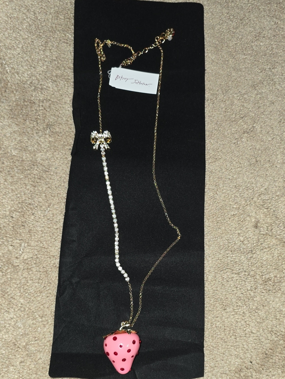 NWT Betsey Johnson Necklace with Pink Strawberry Charm- Missing One Stone